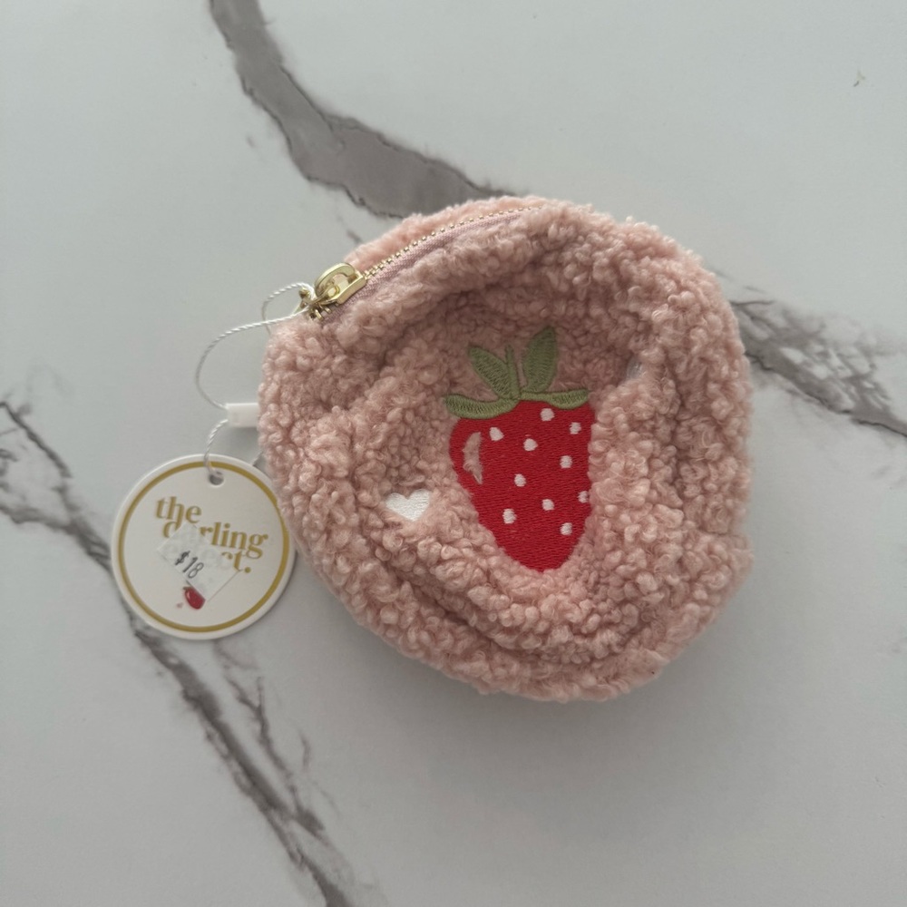The Darling Effect pink teddy zippered pouch circle strawberries NWT